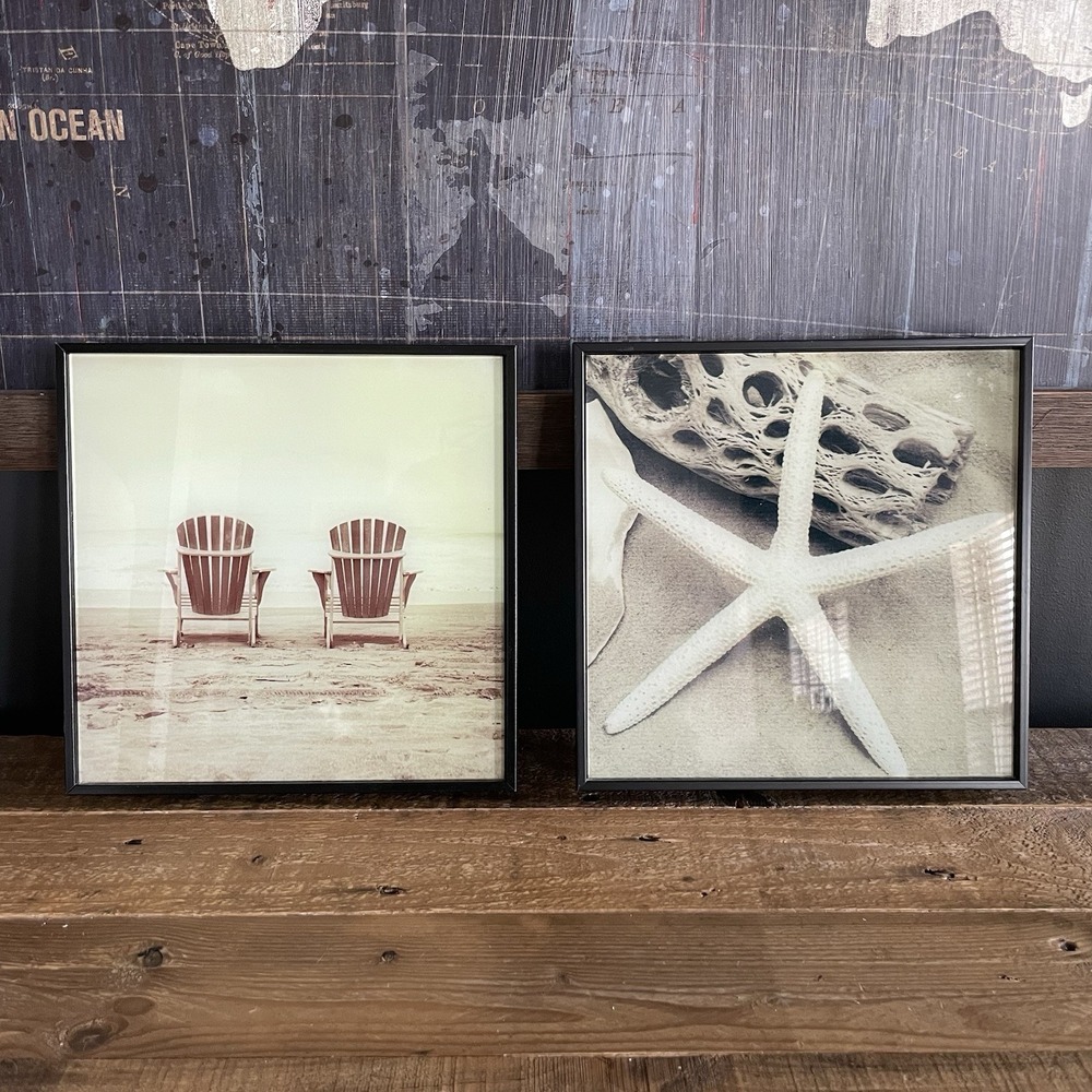 2 B&W Sepia Retro Framed Ocean Beach Adirondack Chairs Starfish Picture Wall Art